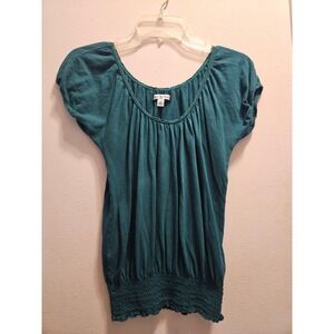 American Eagle Teal Green Smocked Hem Boho Blouse Crochet Trim Top Small